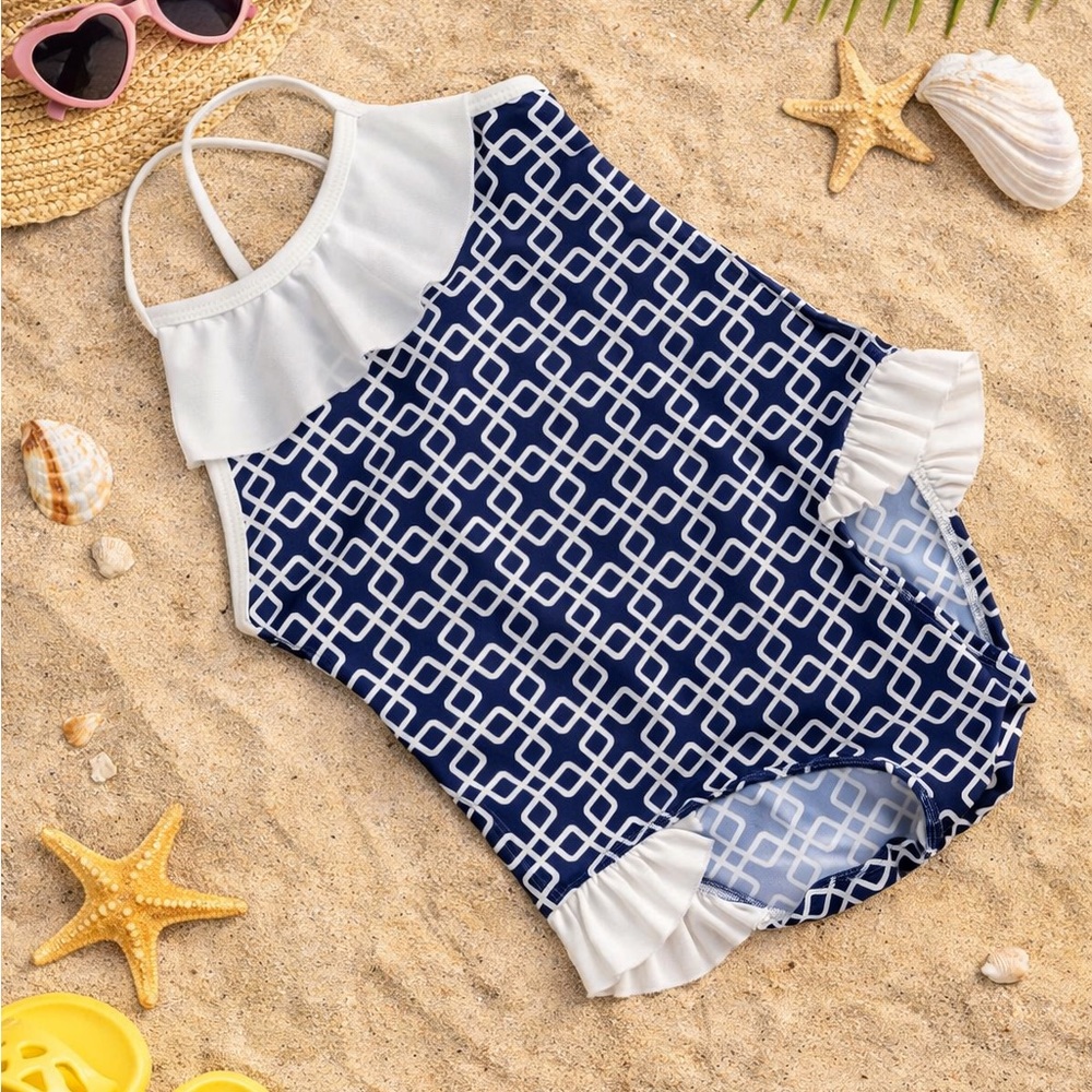 Circo Navy and White Geometric Patterned Swimsuit. Size 4. Great Condition